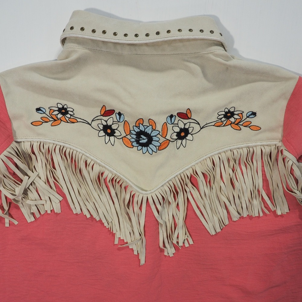 John Moon Texas Shirt Womens Large Pink Western Fringe Floral Embroidered Rodeo - Picture 9 of 9